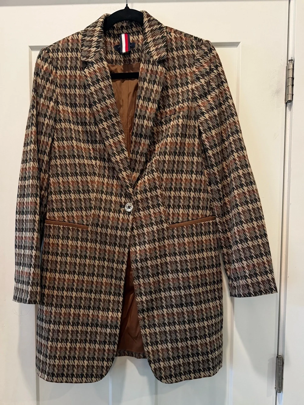 Tommy Hilfiger Houndstooth Longline Blazer Jacket Brown Faux Suede Elbow Size 10